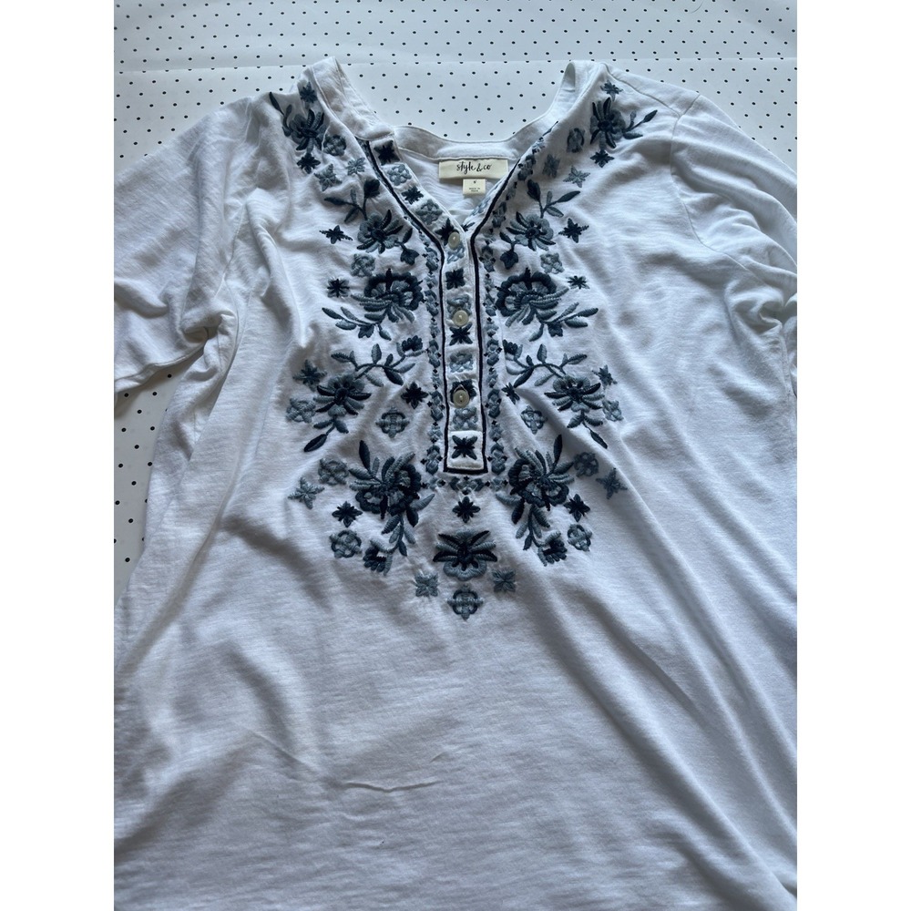 Style & Co White Embroidered Boho Peasant Top Blue Floral Small‎